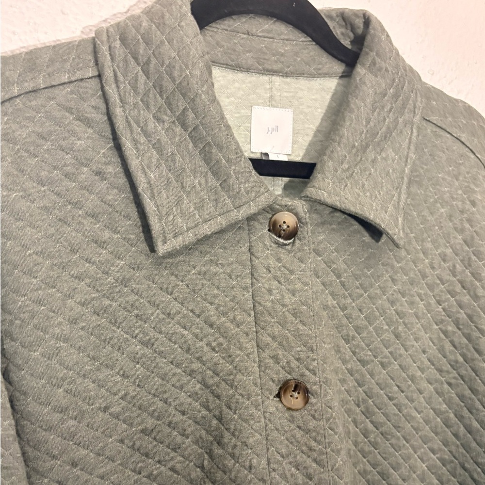 J Jill Quilted Shirt Jacket Green Button Up Collar Long Sleeve Pockets Sz L - Picture 3 of 7